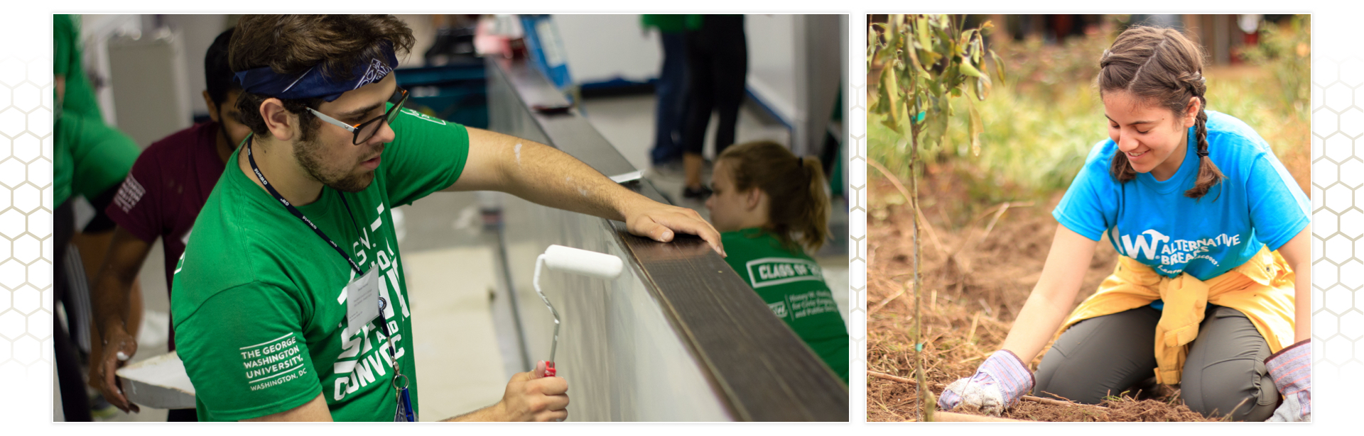 GW student painting and GW student planting garden