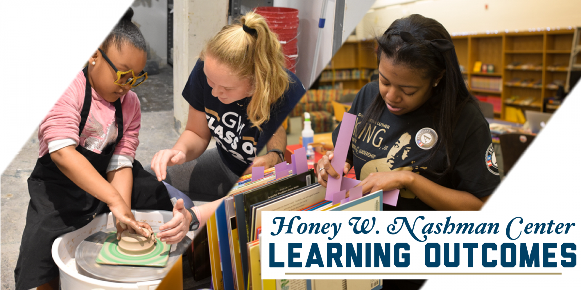 young woman helps child with pottery wheel, young woman sorting library books